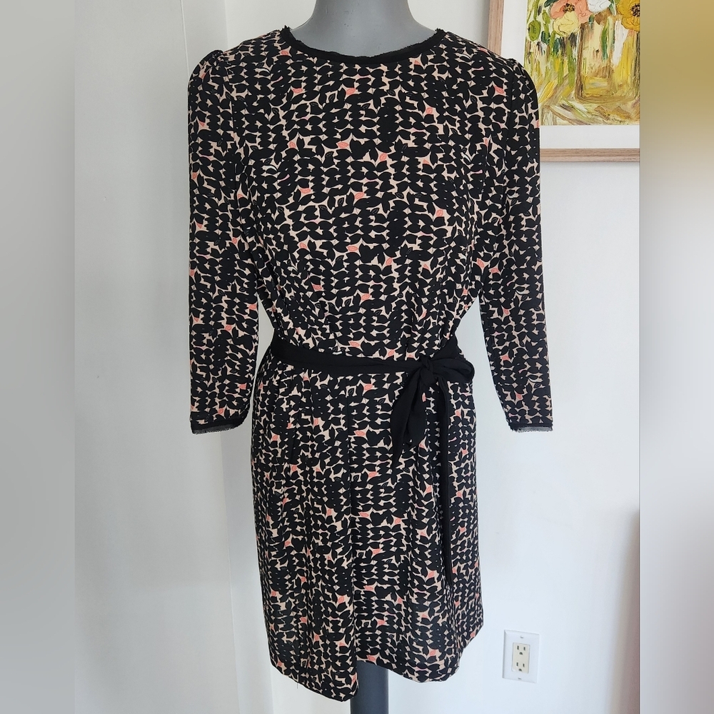 SUNCOO Black Dress with Blush Print and Self Tie Belt